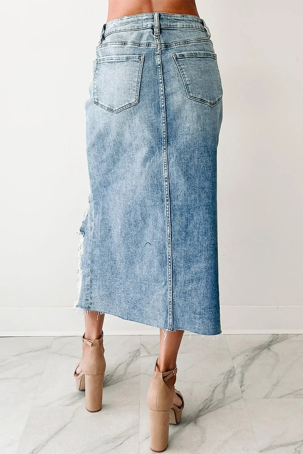 Light Wash Asymmetrical Denim Midi Skirt