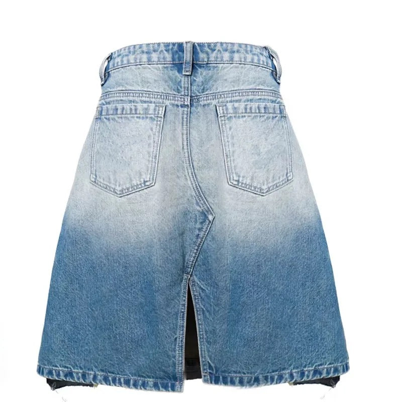 Asymmetrical Distressed Denim Midi Skirt