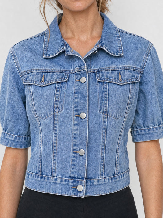 Mid Blue Slim-Fit Short-Sleeve Denim Jacket shown on a model against a light grey studio background