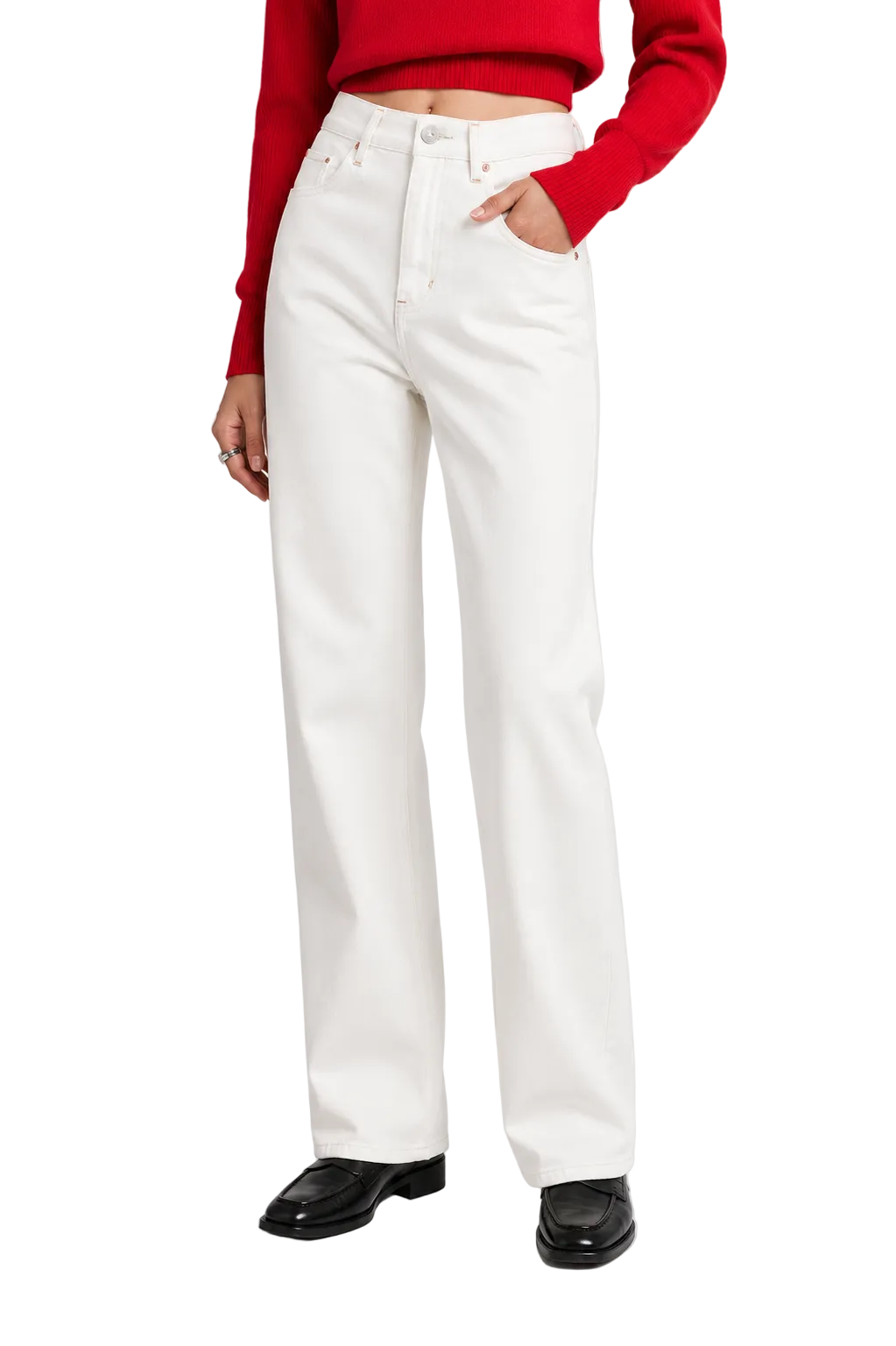 White High-Waist Straight Leg Jeans