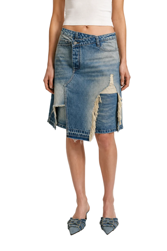 Asymmetrical Distressed Denim Midi Skirt