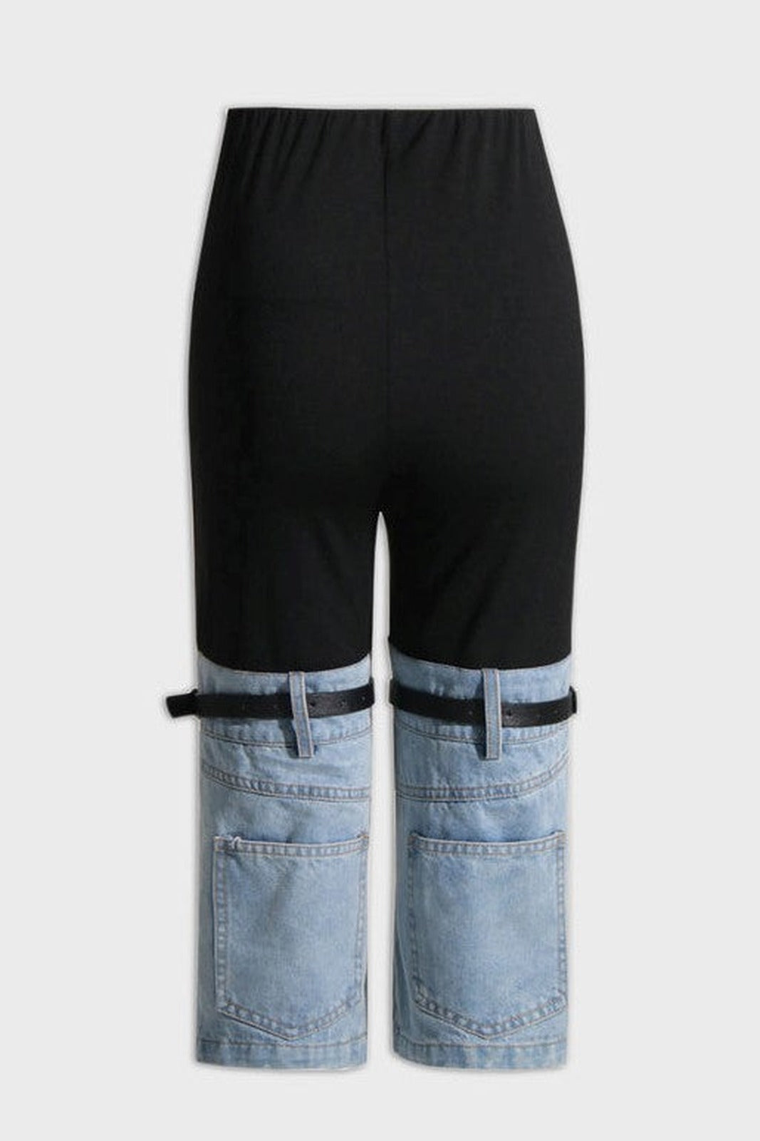 Black Denim-Panel Shorts with Belt Straps