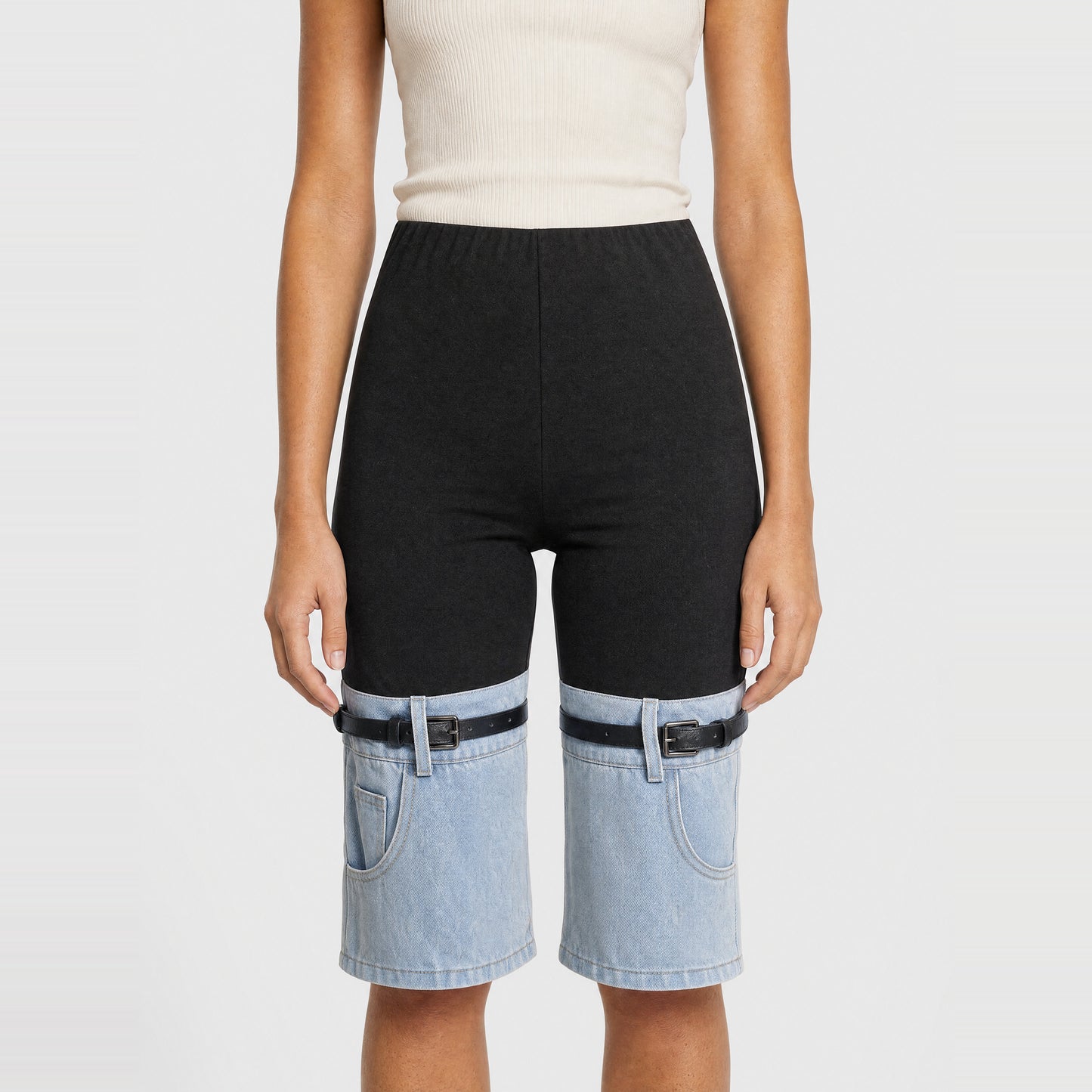 Black Denim-Panel Shorts with Belt Straps