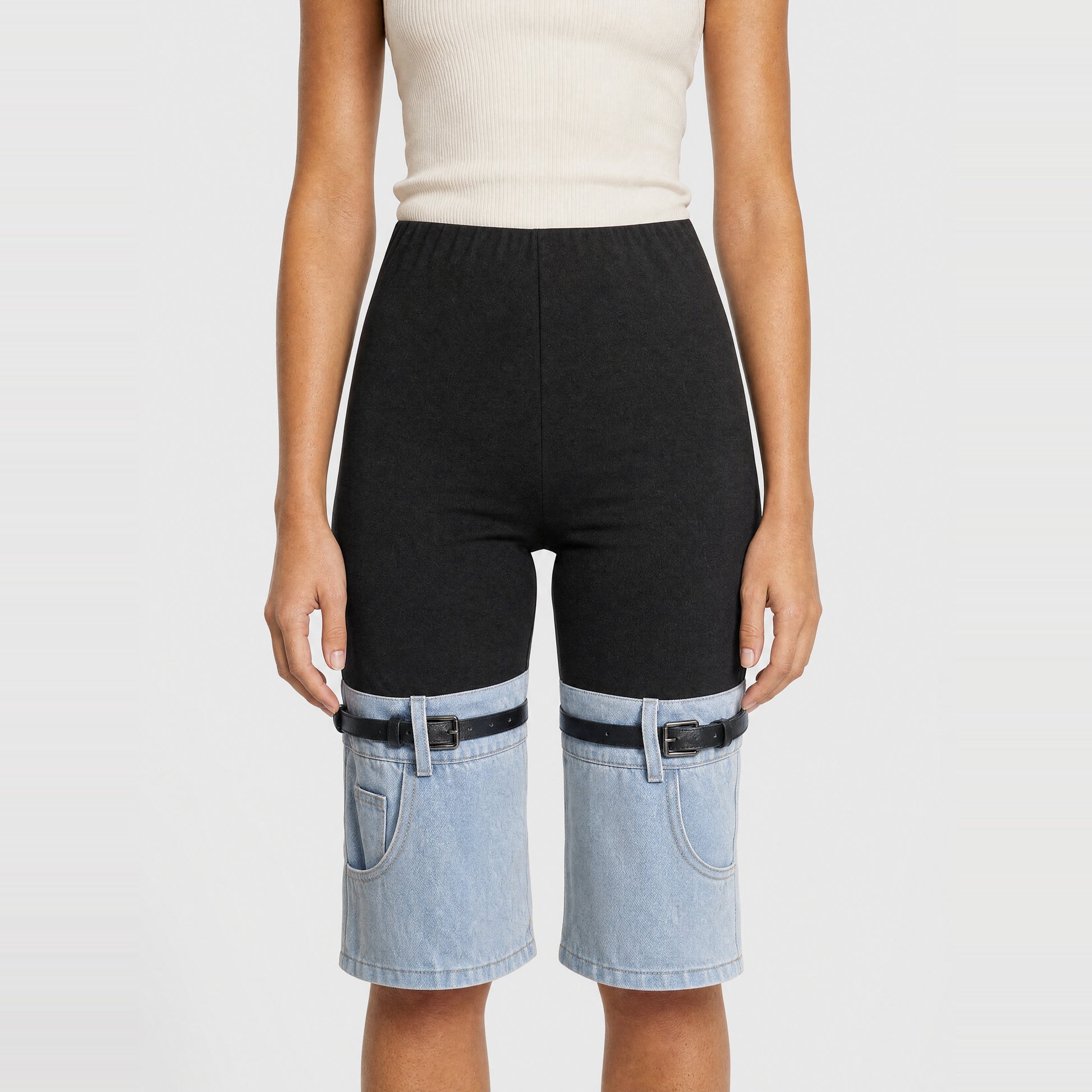 Black Denim-Panel Shorts with Belt Straps