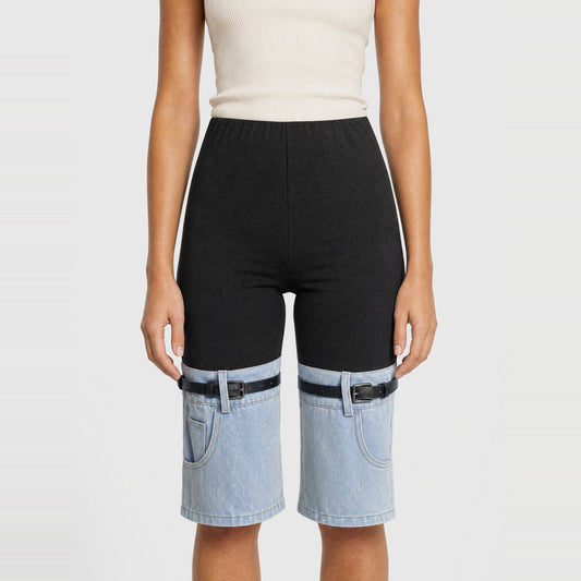 Black Denim-Panel Shorts with Belt Straps