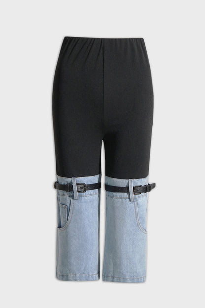 Black Denim-Panel Shorts with Belt Straps