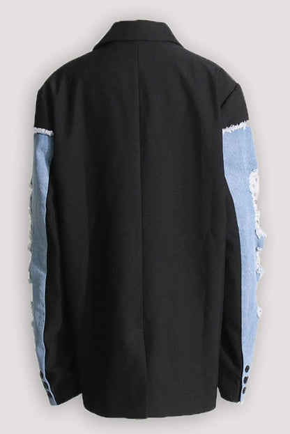 Black and Blue Colour-Block Denim Blazer Coat