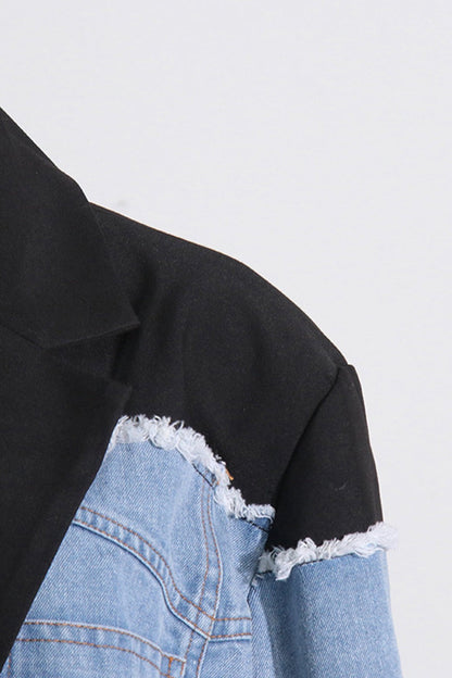 Black and Blue Colour-Block Denim Blazer Coat