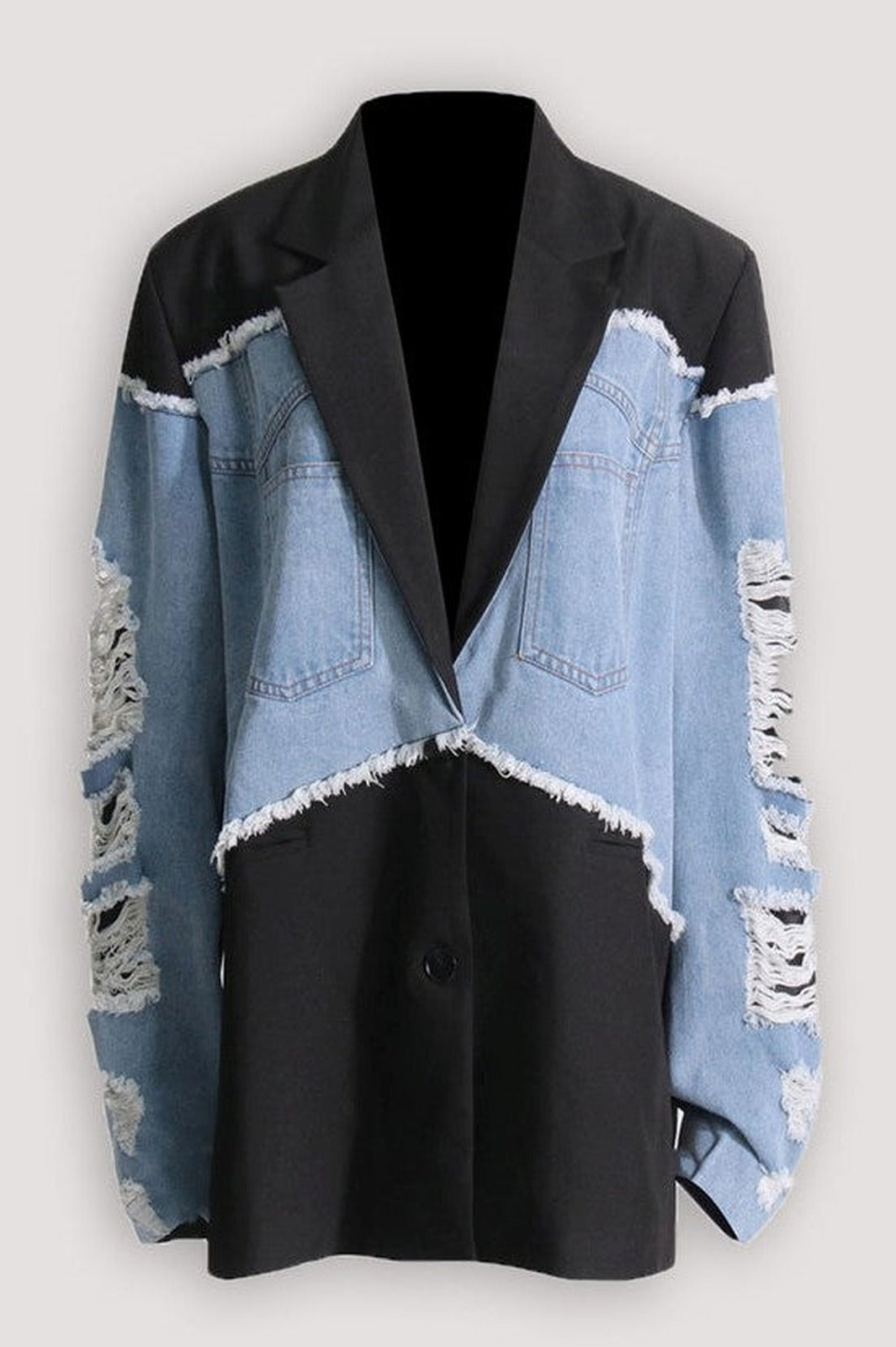 Black and Blue Colour-Block Denim Blazer Coat