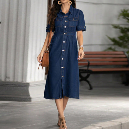 Dark Blue Collared Button-Through Denim Midi Dress