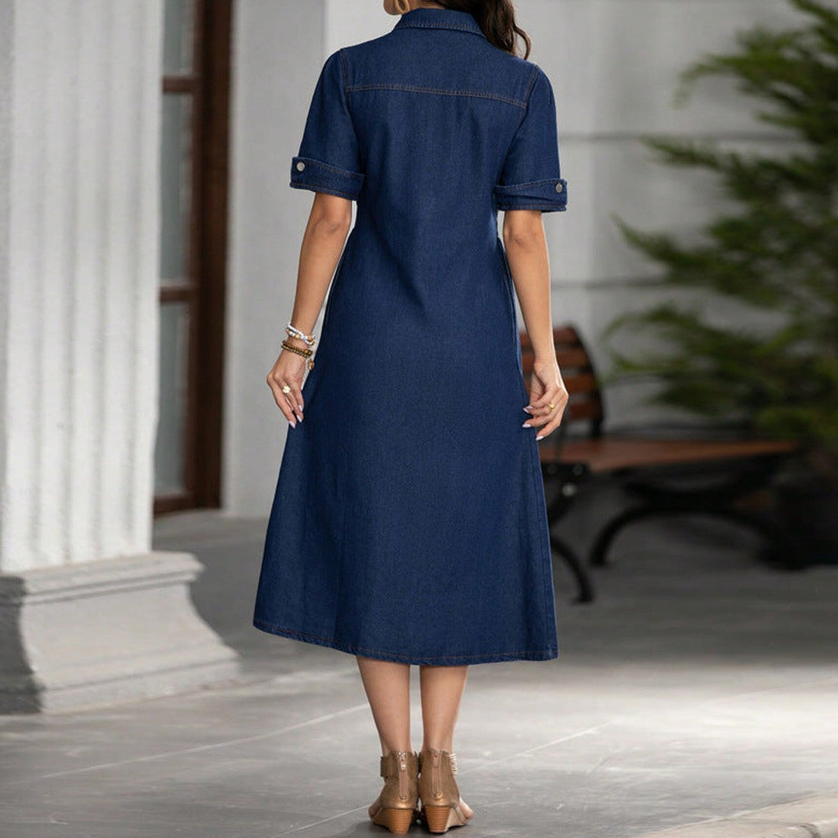 Dark Blue Collared Button-Through Denim Midi Dress