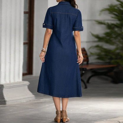 Dark Blue Collared Button-Through Denim Midi Dress