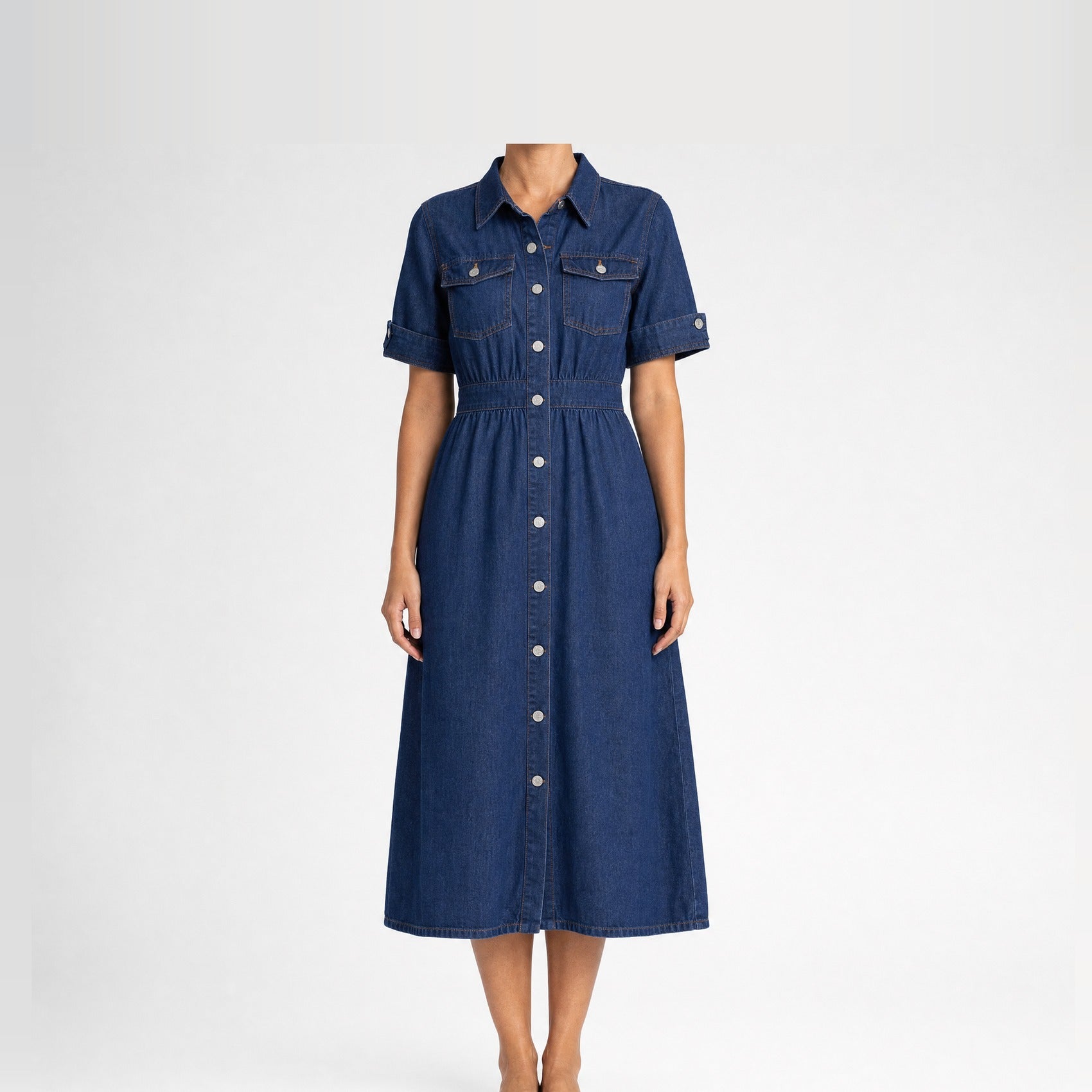 Dark Blue Collared Button-Through Denim Midi Dress