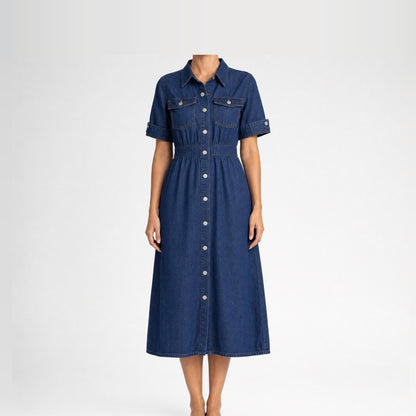 Dark Blue Collared Button-Through Denim Midi Dress
