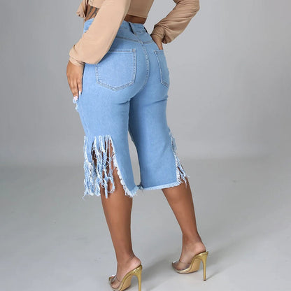 Light Blue Fringe Hem Ripped Denim Capri Jeans