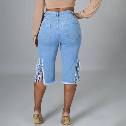 Light Blue Fringe Hem Ripped Denim Capri Jeans