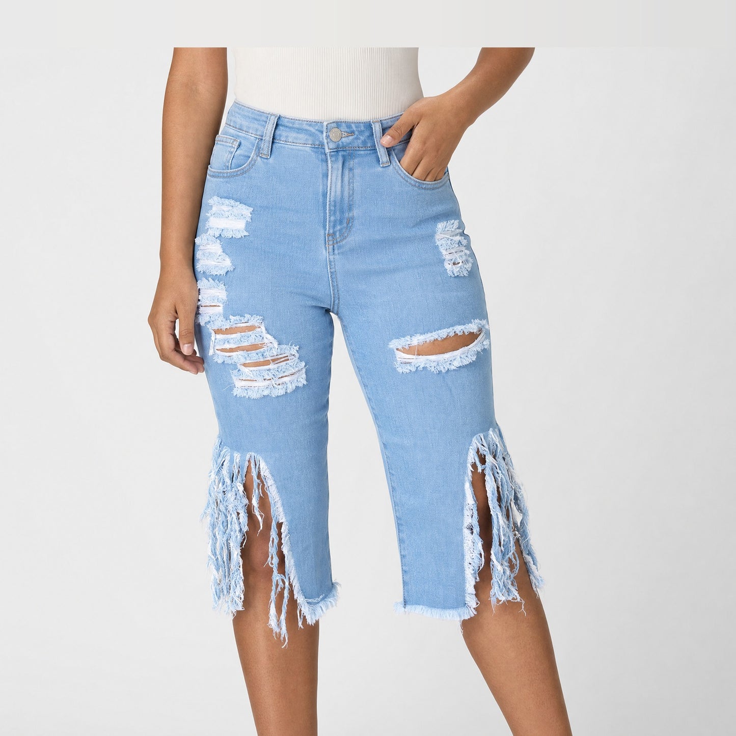 Light Blue Fringe Hem Ripped Denim Capri Jeans