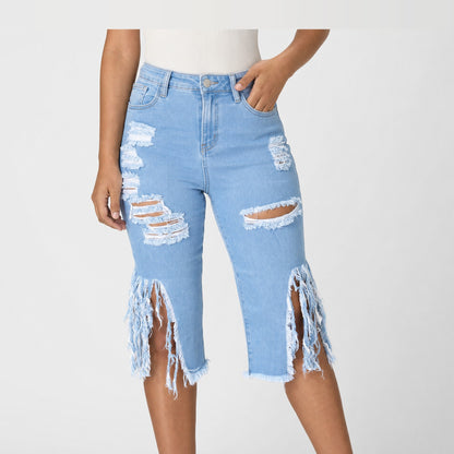 Light Blue Fringe Hem Ripped Denim Capri Jeans