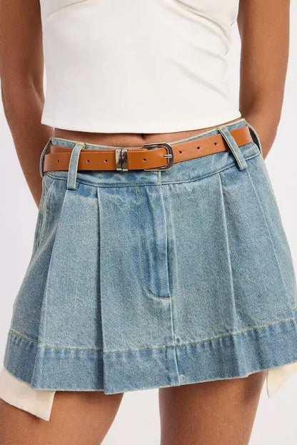 Light Blue Pleated Denim Mini Skort with Belt