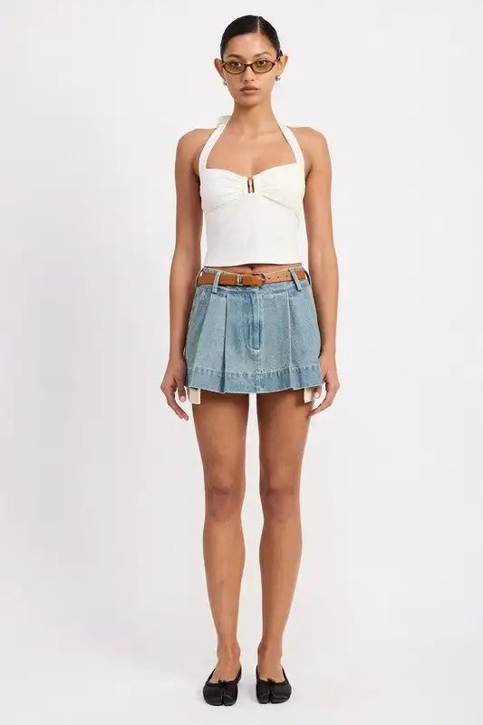 Light Blue Pleated Denim Mini Skort with Belt