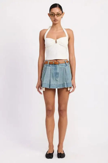 Light Blue Pleated Denim Mini Skort with Belt