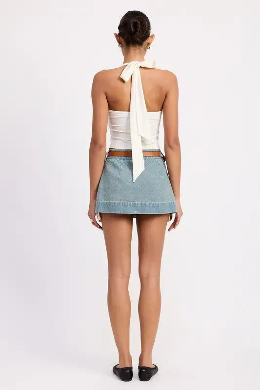 Light Blue Pleated Denim Mini Skort with Belt