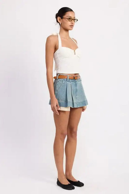 Light Blue Pleated Denim Mini Skort with Belt