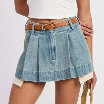 Light Blue Pleated Denim Mini Skort with Belt
