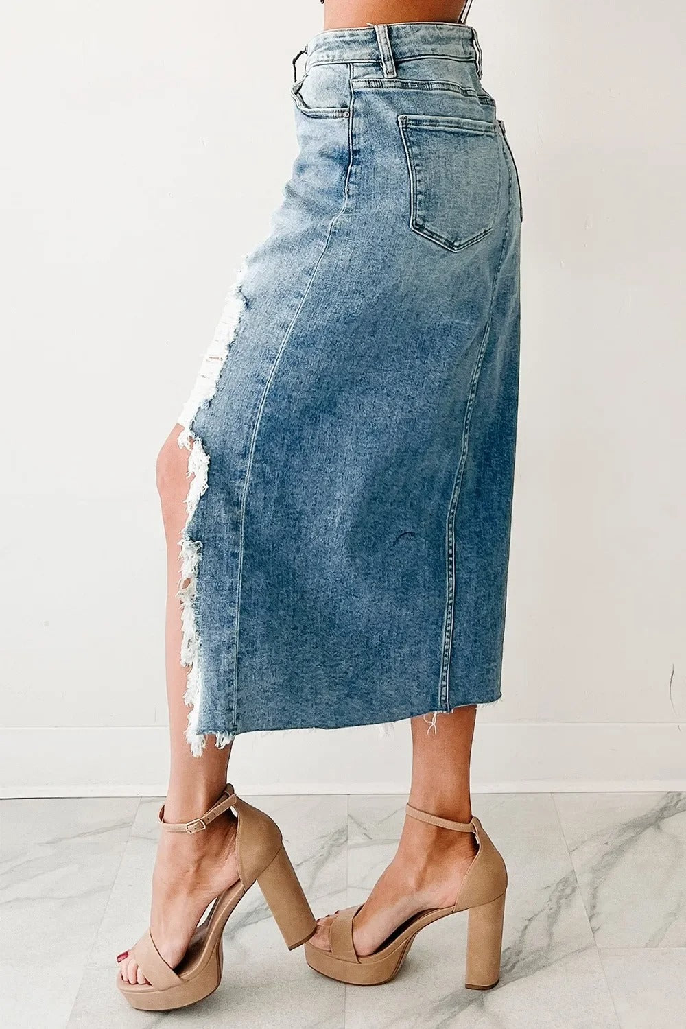 Light Wash Asymmetrical Denim Midi Skirt