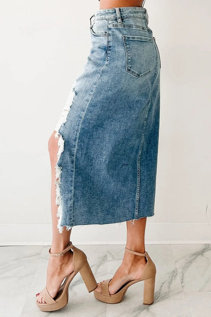 Light Wash Asymmetrical Denim Midi Skirt