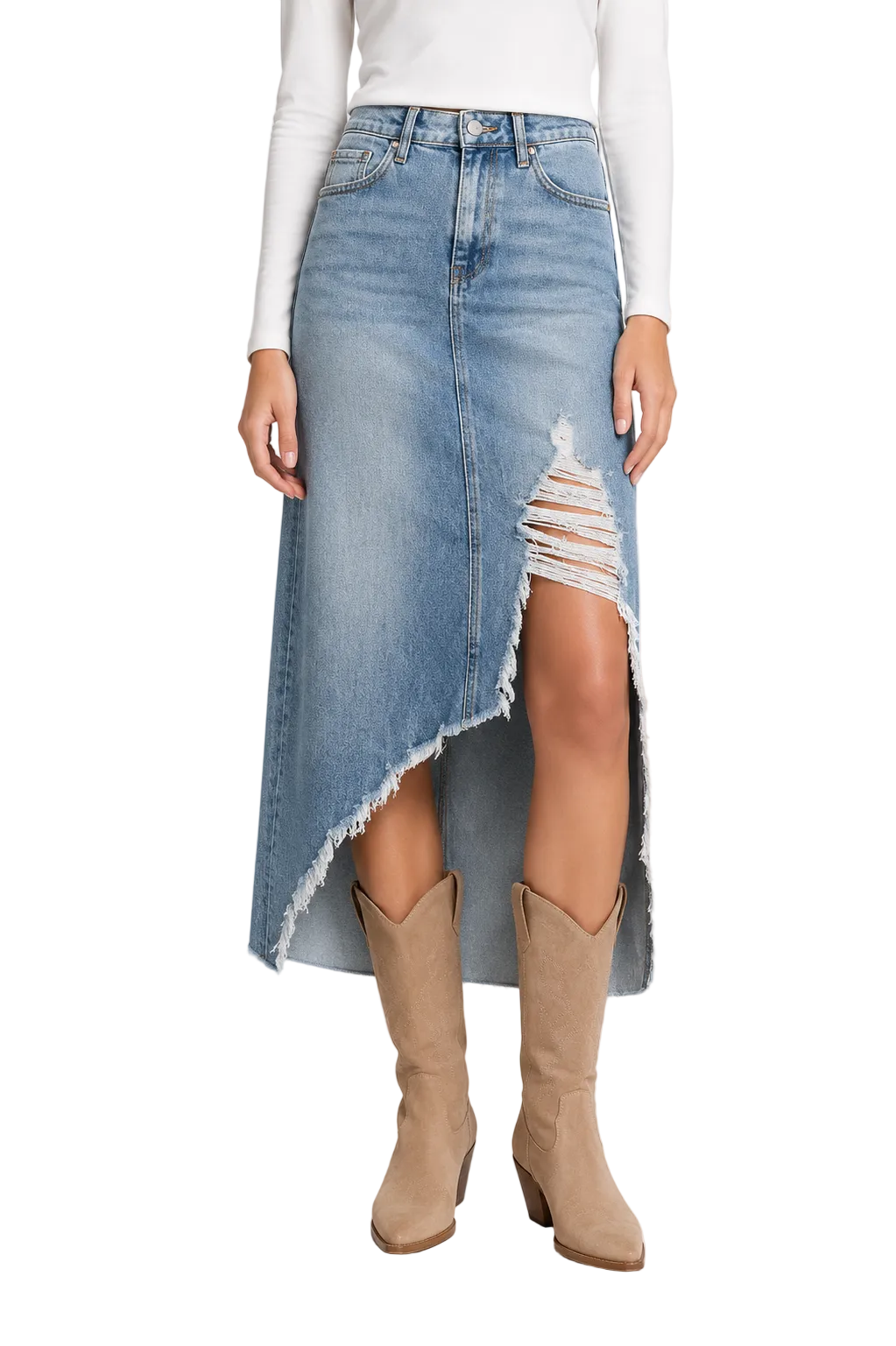 Light Wash Asymmetrical Denim Midi Skirt
