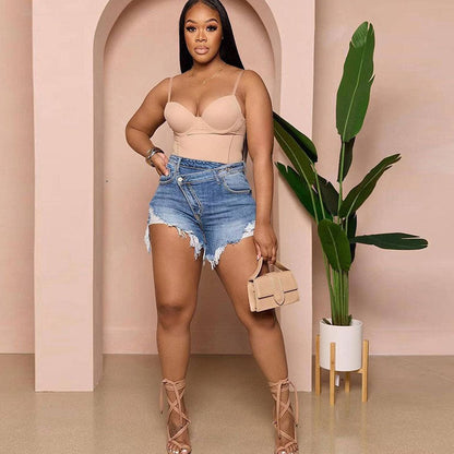 Mid Blue Crossover-Waist Frayed Denim Shorts