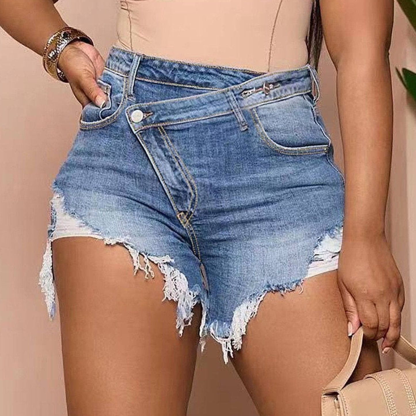 Mid Blue Crossover-Waist Frayed Denim Shorts