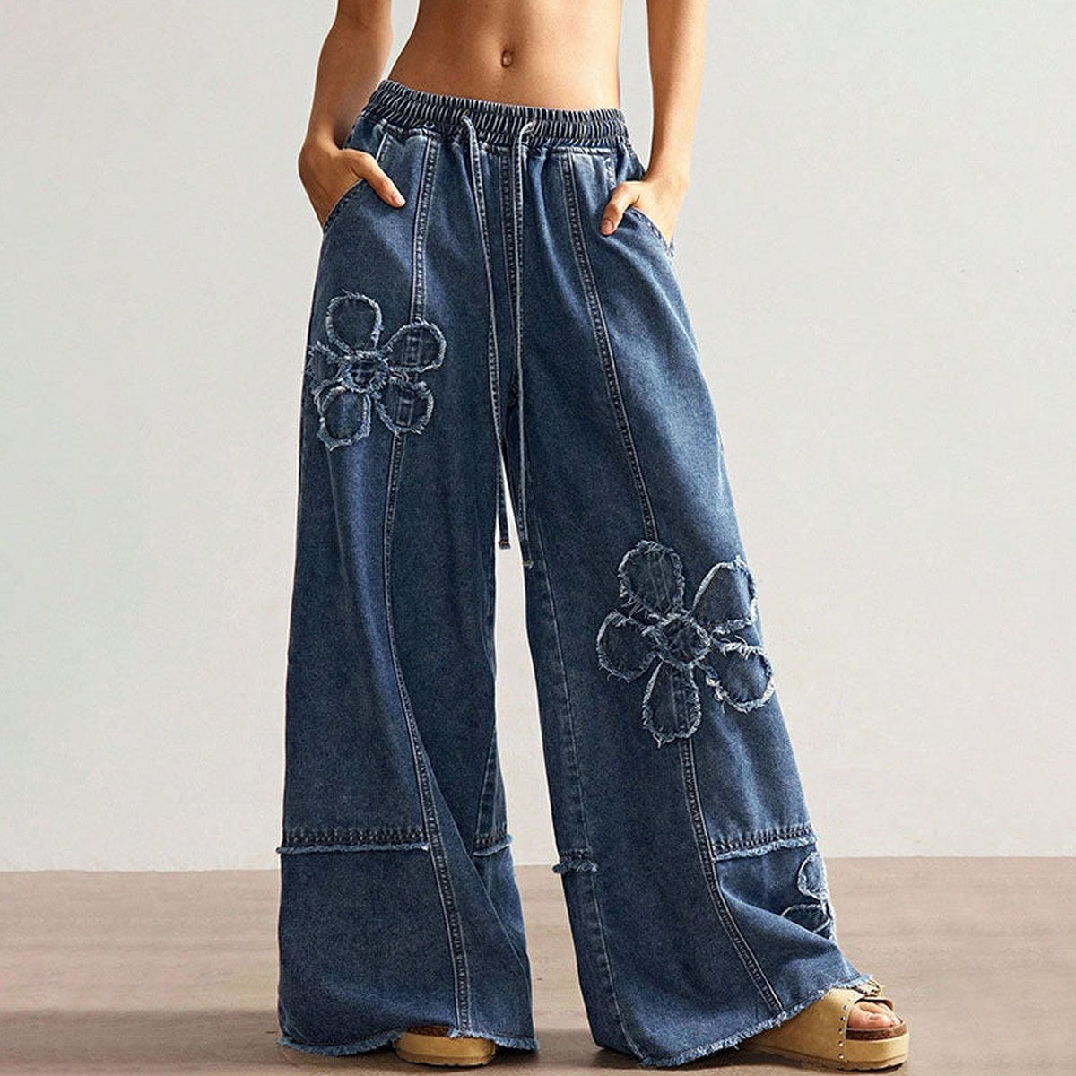 Mid Blue Daisy Applique Wide Leg Jeans