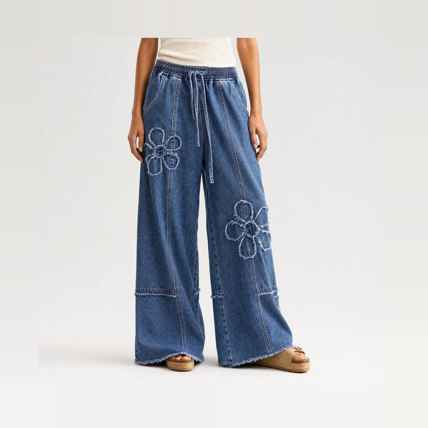 Mid Blue Daisy Applique Wide Leg Jeans
