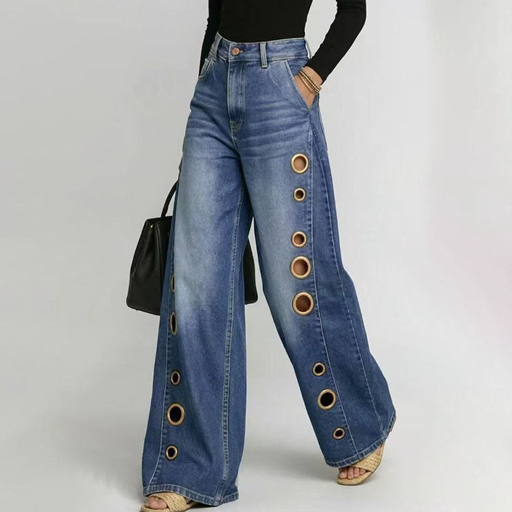 Mid Blue Eyelet Wide Leg Jeans
