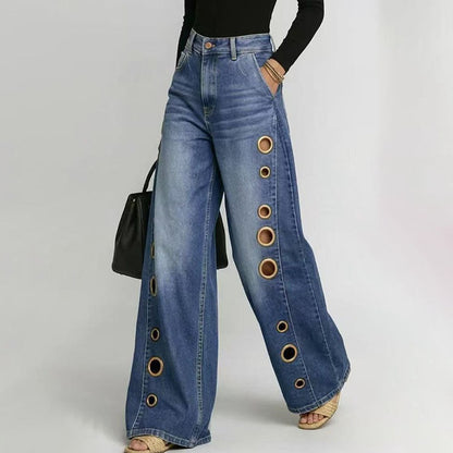 Mid Blue Eyelet Wide Leg Jeans