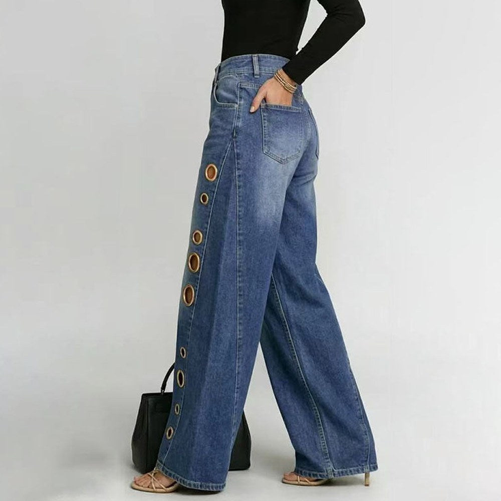 Mid Blue Eyelet Wide Leg Jeans