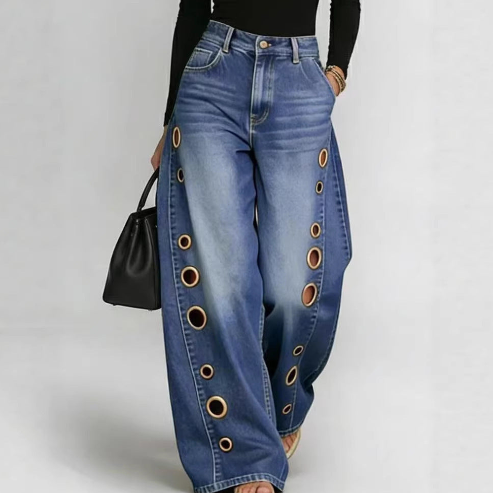 Mid Blue Eyelet Wide Leg Jeans