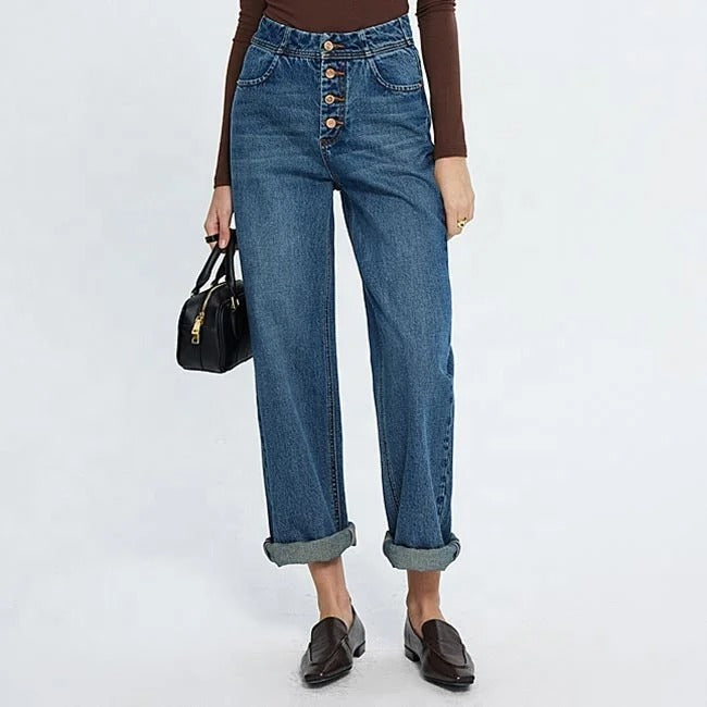 Mid Blue High-Waist Wide Leg Jeans