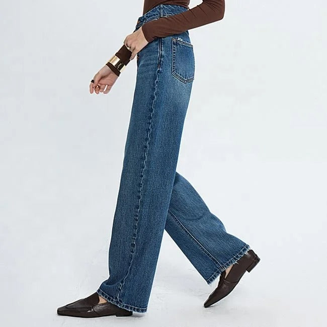 Mid Blue High-Waist Wide Leg Jeans