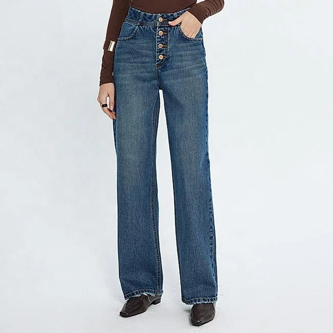 Mid Blue High-Waist Wide Leg Jeans