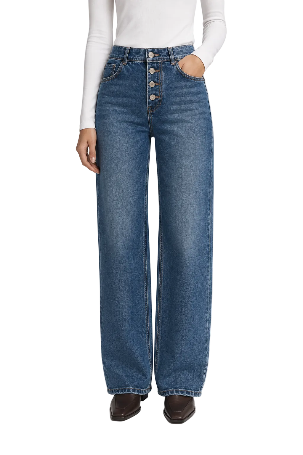 Mid Blue High-Waist Wide Leg Jeans