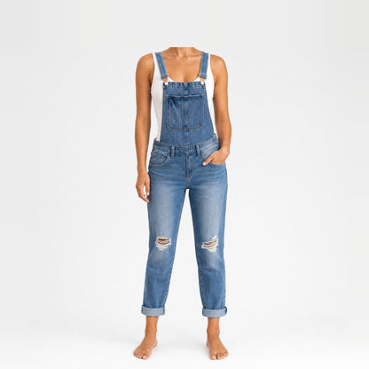 Mid Blue Ripped Washed Denim Dungarees