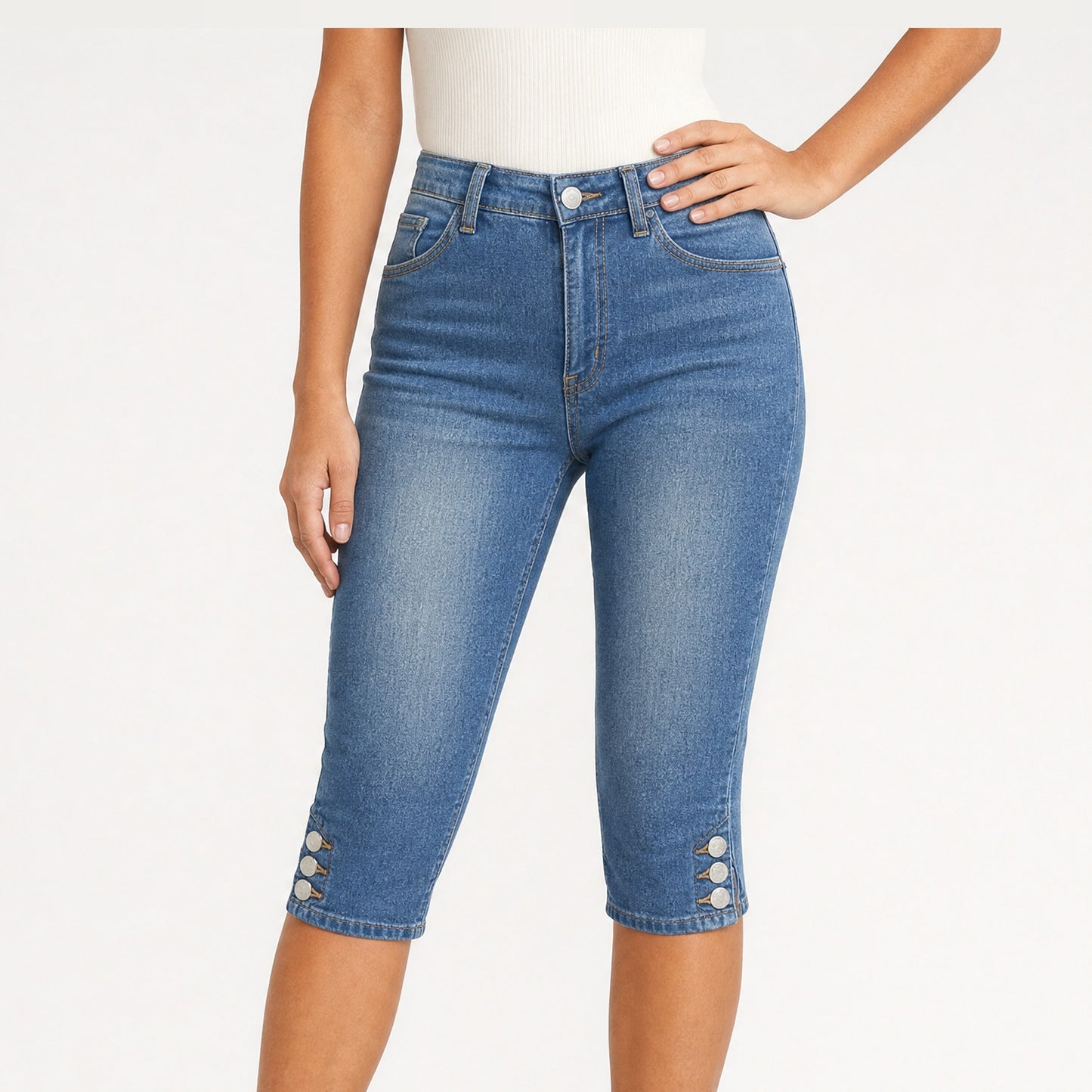 Mid Blue Stretch Denim Knee-Length Jeans