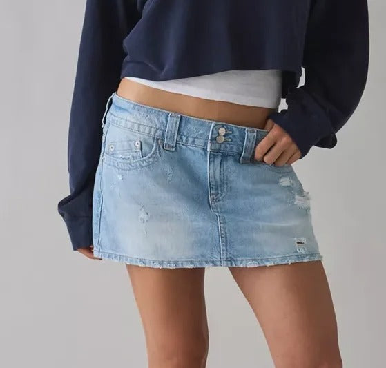 Light Wash Distressed Denim Mini Skirt