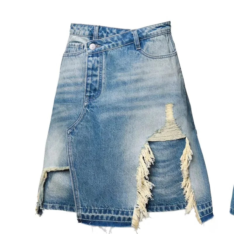 Asymmetrical Distressed Denim Midi Skirt