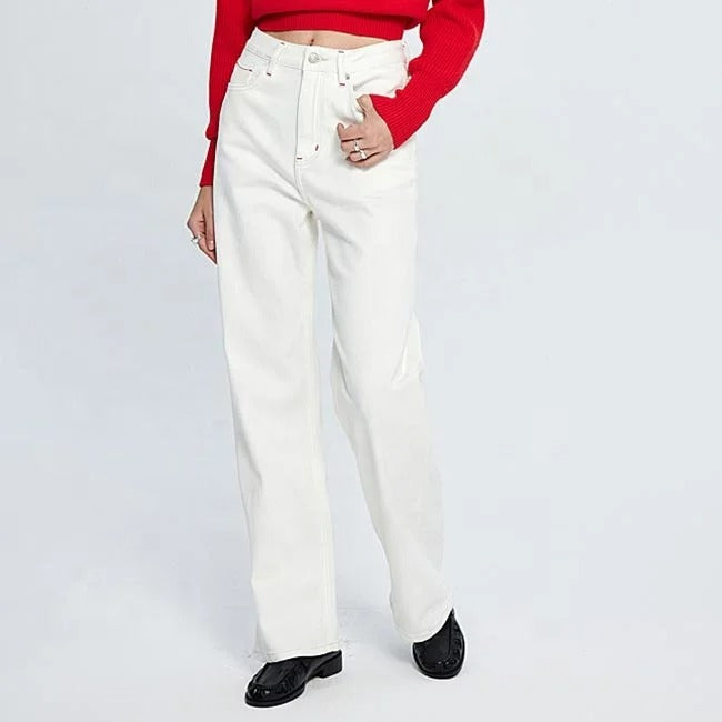White High-Waist Straight Leg Jeans