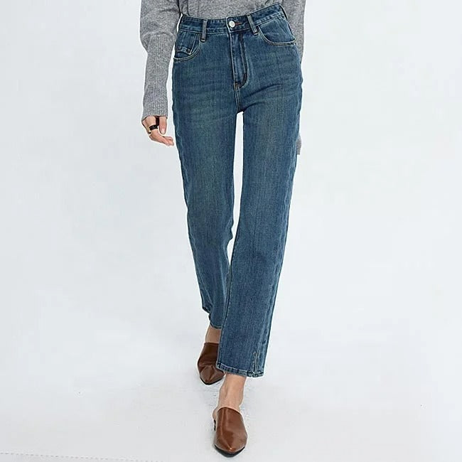 Mid Blue Cropped Straight Leg Jeans