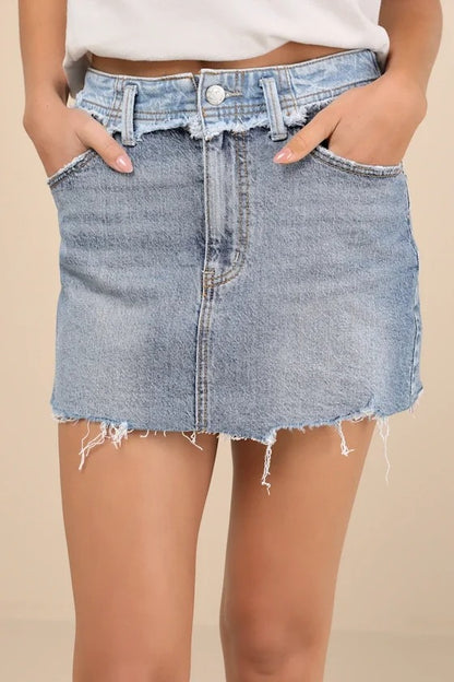Distressed Cut-Out Denim Mini Skirt